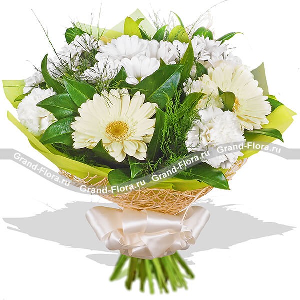 Ласковое утро - букет из белых гербер,хризантем и гвоздик